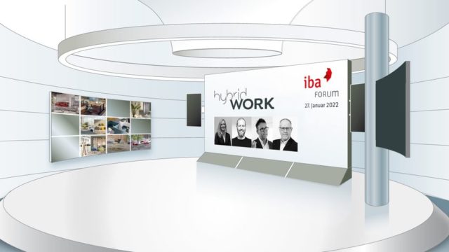 Grafik der virtuellen Bühne des IBA-Forums zum Thema "Hybrid Work"